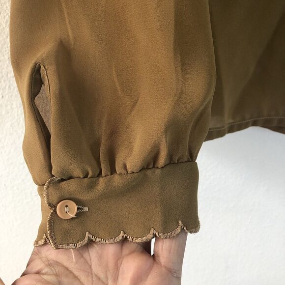 Changing Scene Vintage Blouse Sz 14 Brown Embroidered Scallop Eyelet Long Sleeve - Picture 6 of 12
